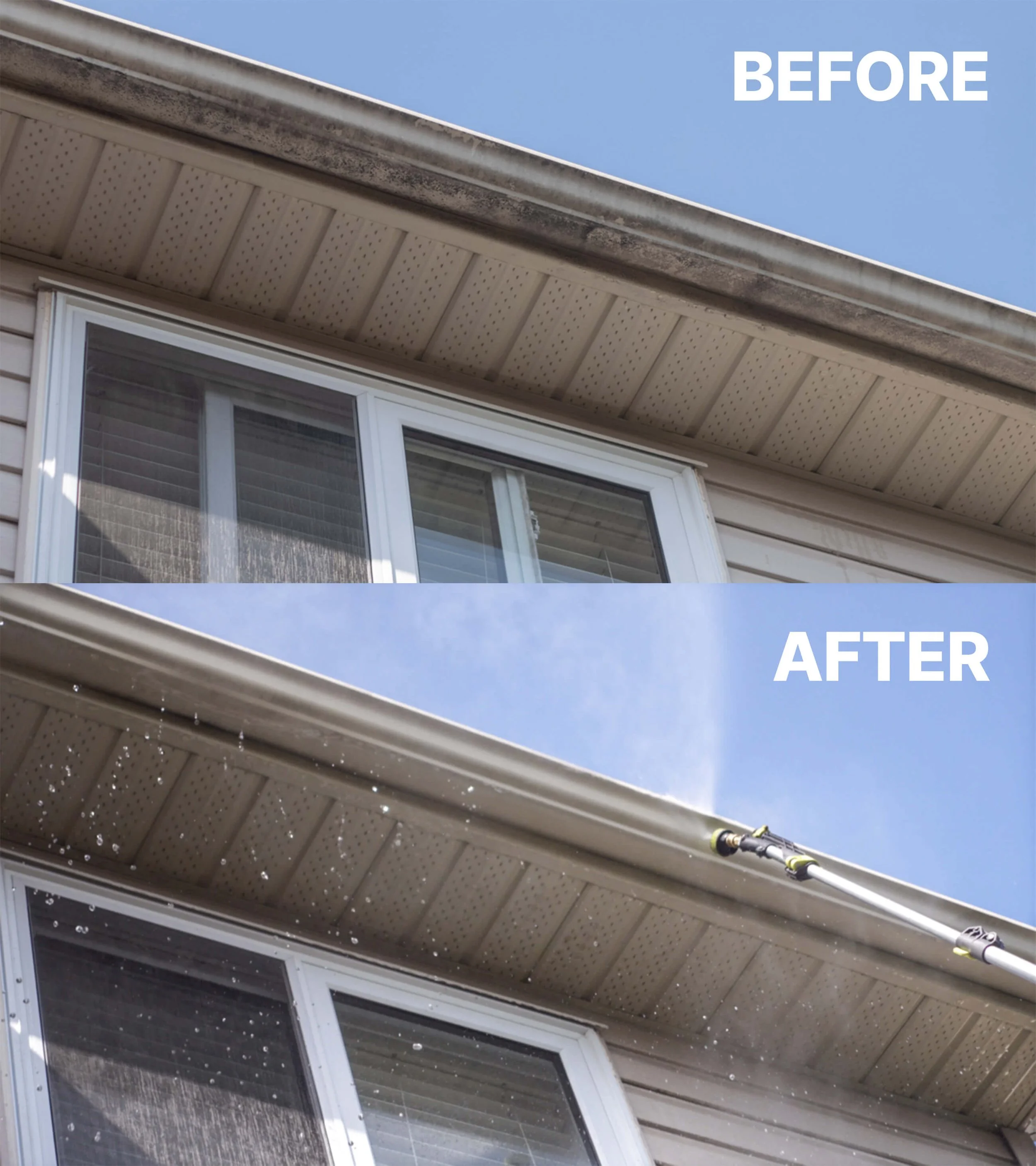 Exterior gutter cleaning before and after