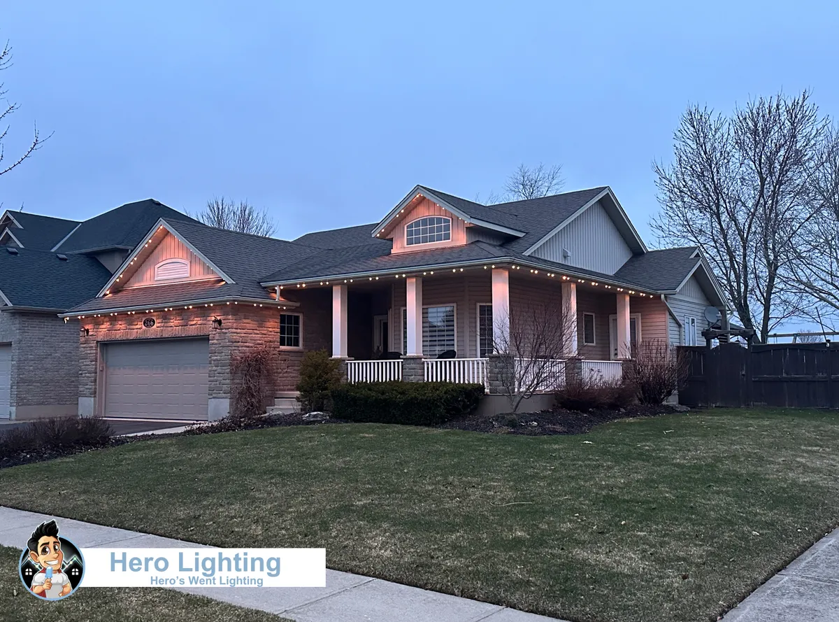 Permanent outdoor lighting on an Ontario home at dusk