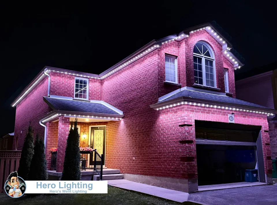 Two-storey brick home glowing pink with permanent LED lights along the roofline and garage at night