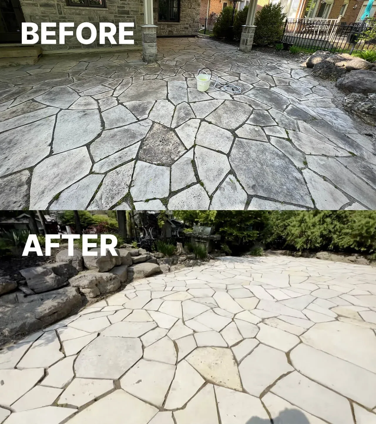 Pressure washing stone patio transformation side by side